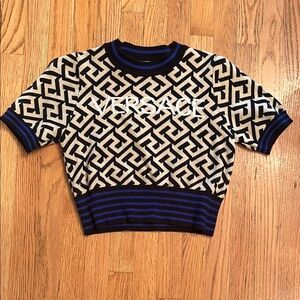 Versace Blue and Cream Geometric Crew Neck Sweater